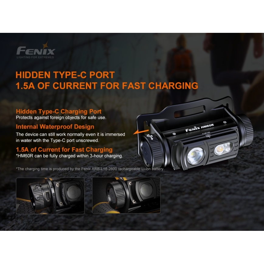 Fenix HM60R - LED Prigušiva punjiva čeona lampa 4xLED/USB/2xCR123A IP68 1300 Im 300 h 3400 mAh