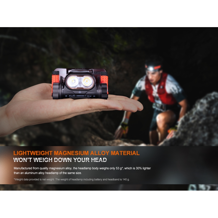 Fenix HM65RTV20BLC- LED Prigušiva punjiva čeona lampa LED/USB IP68 crno/narandžasta