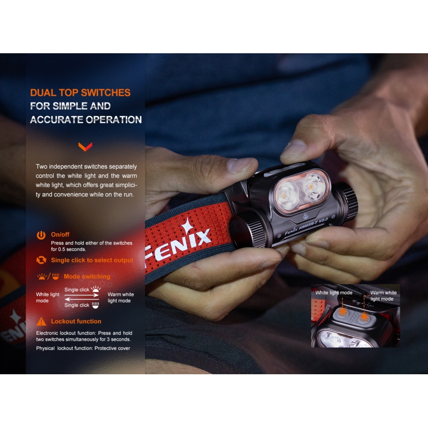 Fenix HM65RTV20BLC- LED Prigušiva punjiva čeona lampa LED/USB IP68 crno/narandžasta