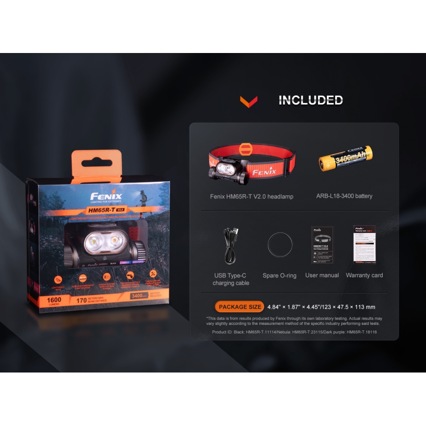 Fenix HM65RTV20BLC- LED Prigušiva punjiva čeona lampa LED/USB IP68 crno/narandžasta