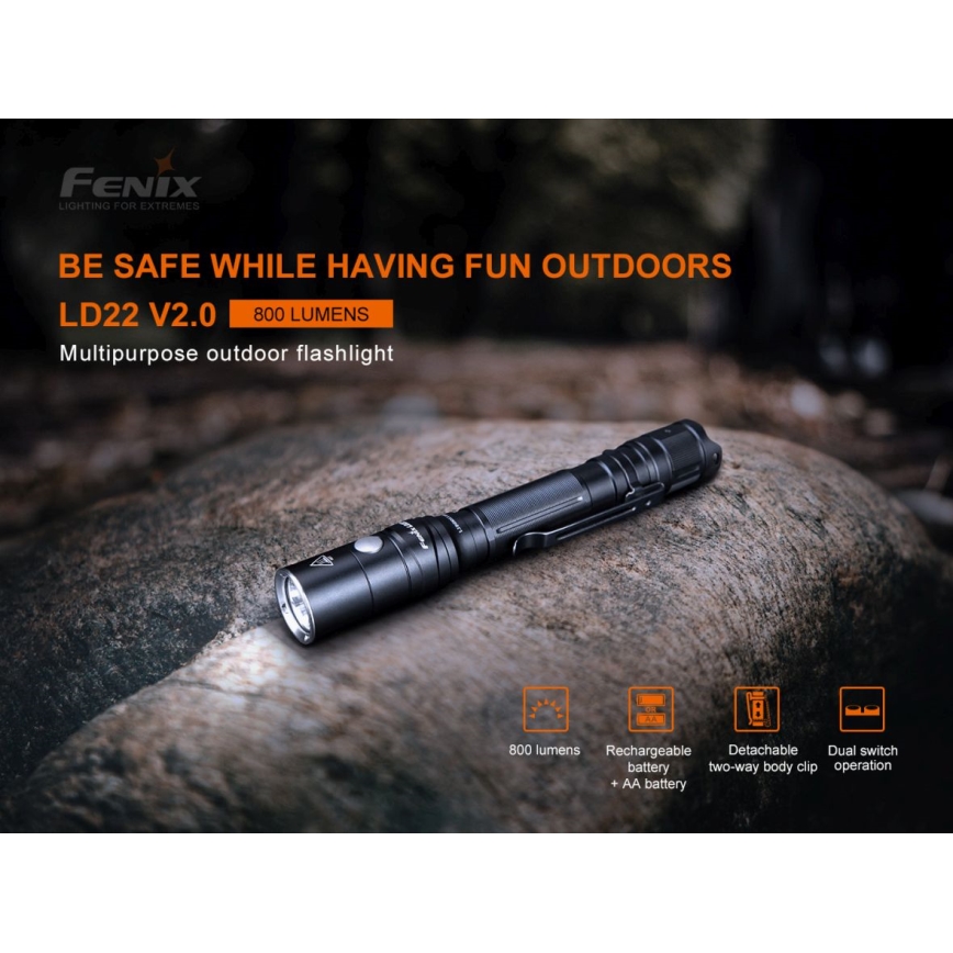 Fenix LD22V20 - Punjiva LED baterijska lampa, USB, IP66, 800 lm, 220 h rada