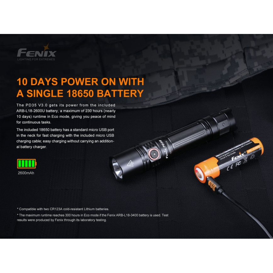 Fenix PD35V30 - LED punjiva baterijska lampa LED/USB/2xCR123A IP68 1700 Im 230 h 2600 mAh