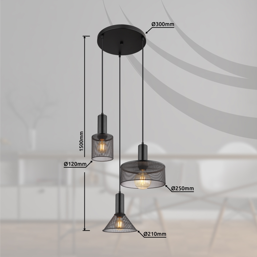 Globo - Luster na sajli 3xE27/60W/230V crno