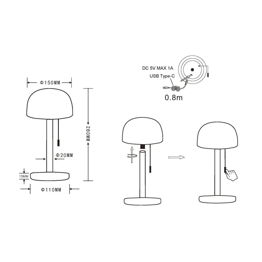 Globo - LED Punjiva stona lampa LED/1,5W/3,7V 3000/4200/6000K 1800mAh crno