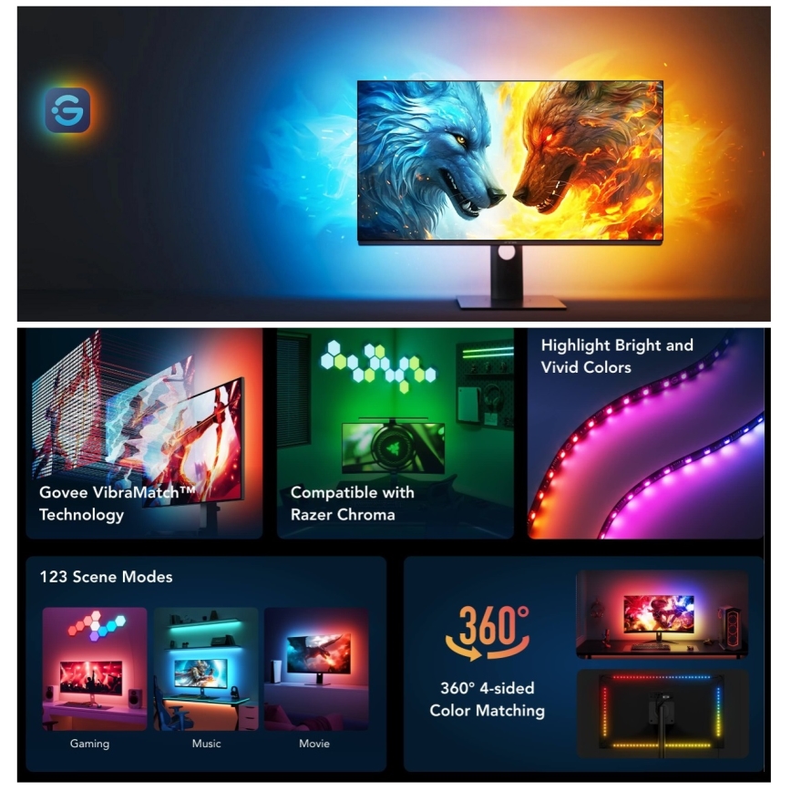 Govee - Dreamview G1 Smart LED RGBIC pozadinsko osvjetljenje monitora 27-34" Wi-Fi
