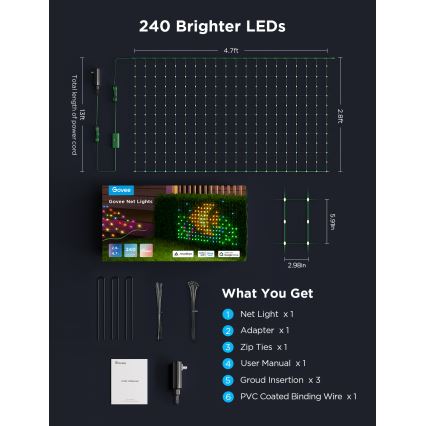 Govee - LED RGBIC Spoljna svetlosna mreža 143x85cm Wi-Fi Matter IP65