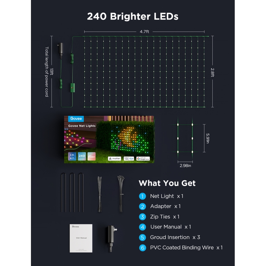 Govee - LED RGBIC Spoljna svetlosna mreža 143x85cm Wi-Fi Matter IP65