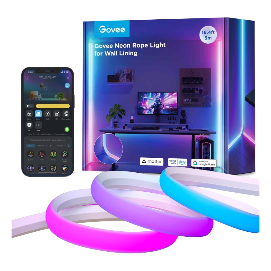 Govee - Neon MATTER LED ugaona lajsna 5m RGBIC Wi-Fi