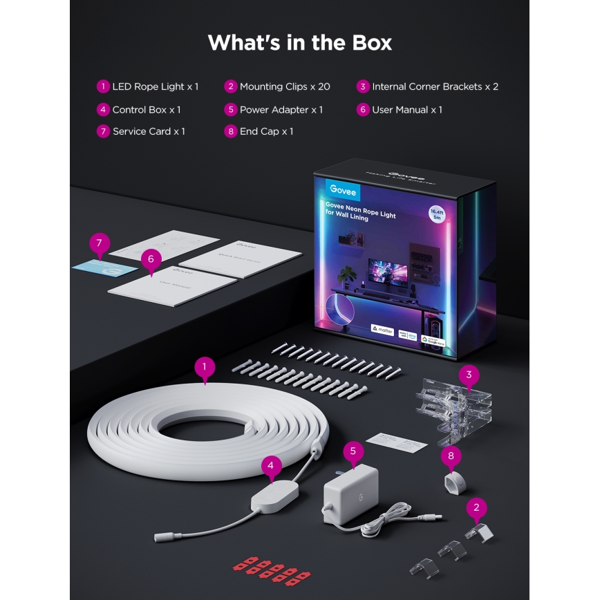 Govee - Neon MATTER LED ugaona lajsna 5m RGBIC Wi-Fi