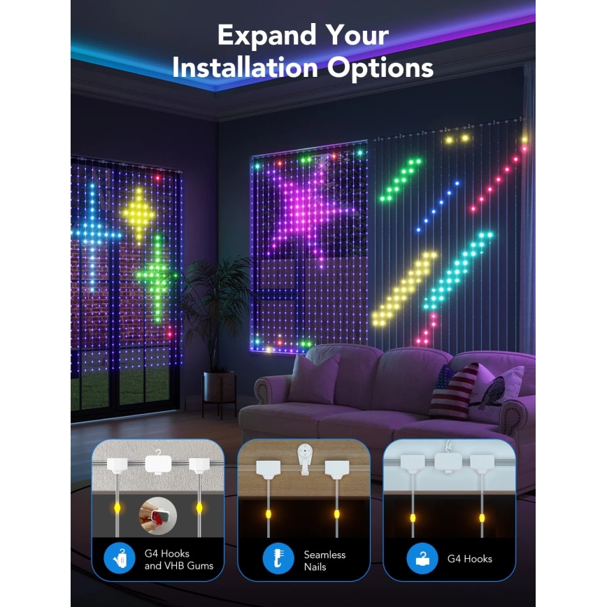 Govee - RGBIC LED zavesa, 520 LED, 1,5×2 m, Wi‑Fi, IP65