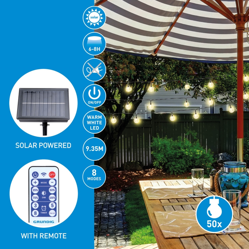 Grundig - LED Prigušivi solarni lancem 50xLED/8 funkcije 9,35m topla bela + Daljinski upravljač