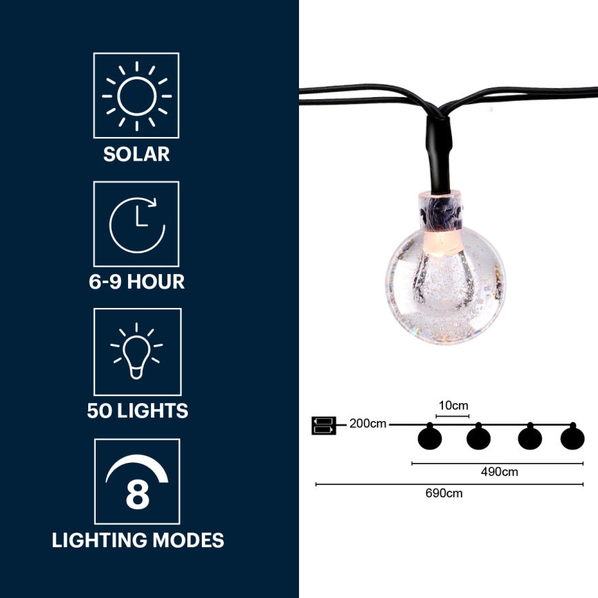 Grundig - LED Solarni lanac 50xLED/8 funkcije 6,9m topla bela