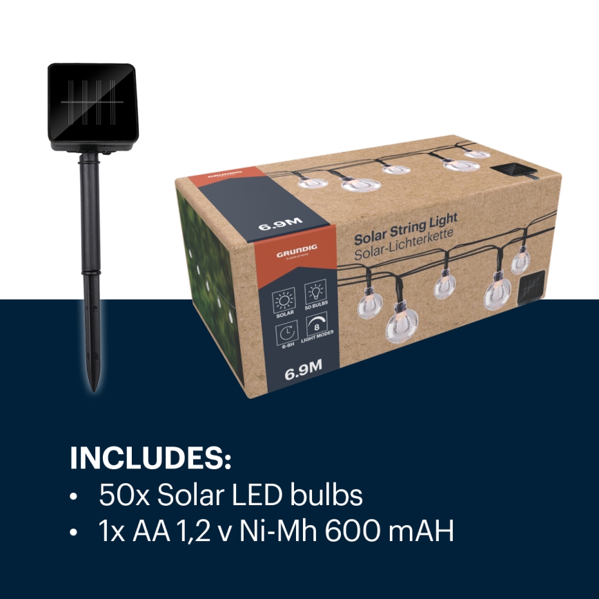 Grundig - LED Solarni lanac 50xLED/8 funkcije 6,9m topla bela
