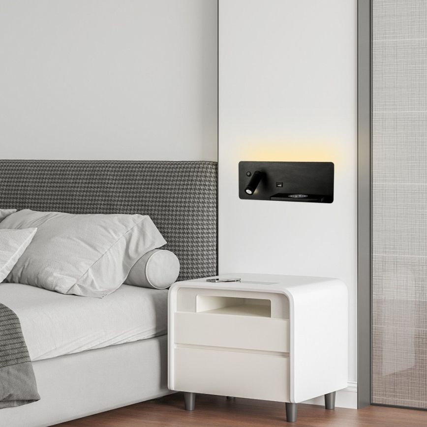 Immax 08287L - LED Zidna reflektorska lampa sa policom, USB portom i bežičnim punjenjem Be PREPARE LED/3W/230V + LED/3W crno