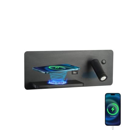 Immax 08288L - LED Zidna reflektorska lampa sa policom, USB portom i bežičnim punjenjem Be PREPARE LED/3W/230V + LED/3W crno