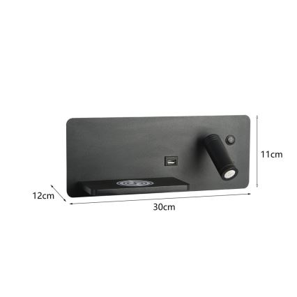 Immax 08288L - LED Zidna reflektorska lampa sa policom, USB portom i bežičnim punjenjem Be PREPARE LED/3W/230V + LED/3W crno
