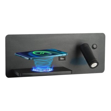 Immax 08288L - LED Zidna reflektorska lampa sa policom, USB portom i bežičnim punjenjem Be PREPARE LED/3W/230V + LED/3W crno