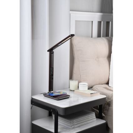 LED prigušiva stona lampa sa bežičnim QI punjenjem i USB KINGFISHER LED/8,5W/230V braon