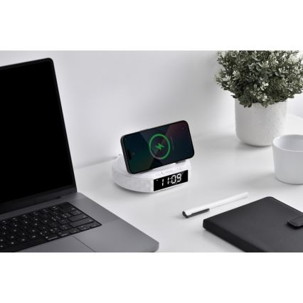budilnik sa LCD ekranom i bežičnim Qi punjačem 27W/9V 220 mAh bela