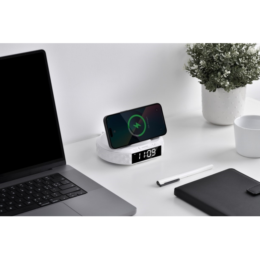 budilnik sa LCD ekranom i bežičnim Qi punjačem 27W/9V 220 mAh bela