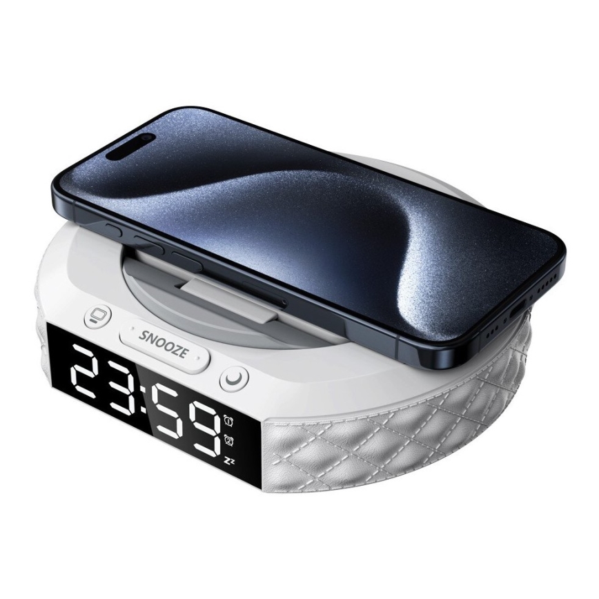 budilnik sa LCD ekranom i bežičnim Qi punjačem 27W/9V 220 mAh bela