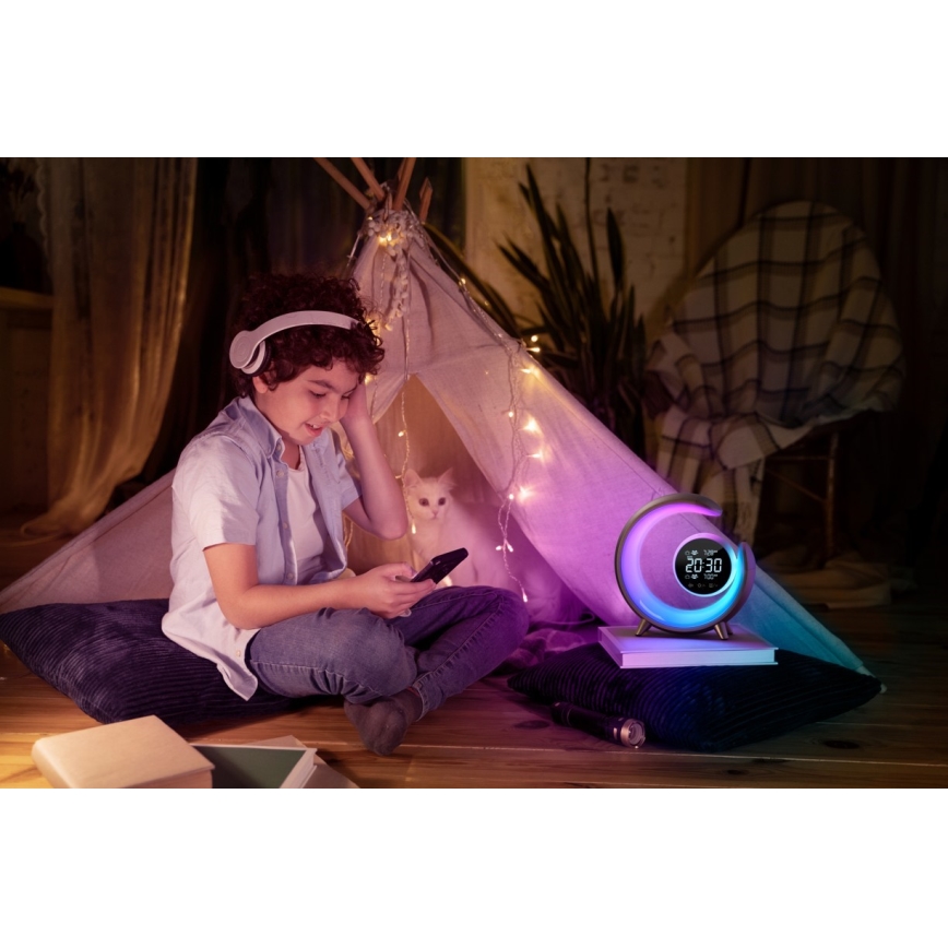 LED RGBW Prigušiva stona lampa sa budilicom LED/20W/5V USB srebrno