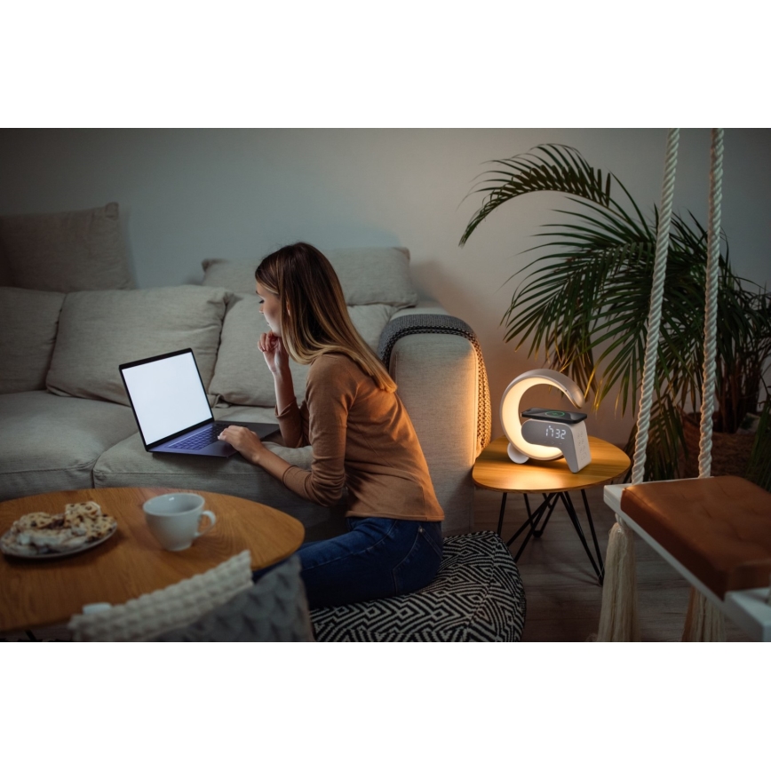 LED RGB Prigušiva stona lampa sa budilicom i Qi punjenjem 30W/230V zlatna