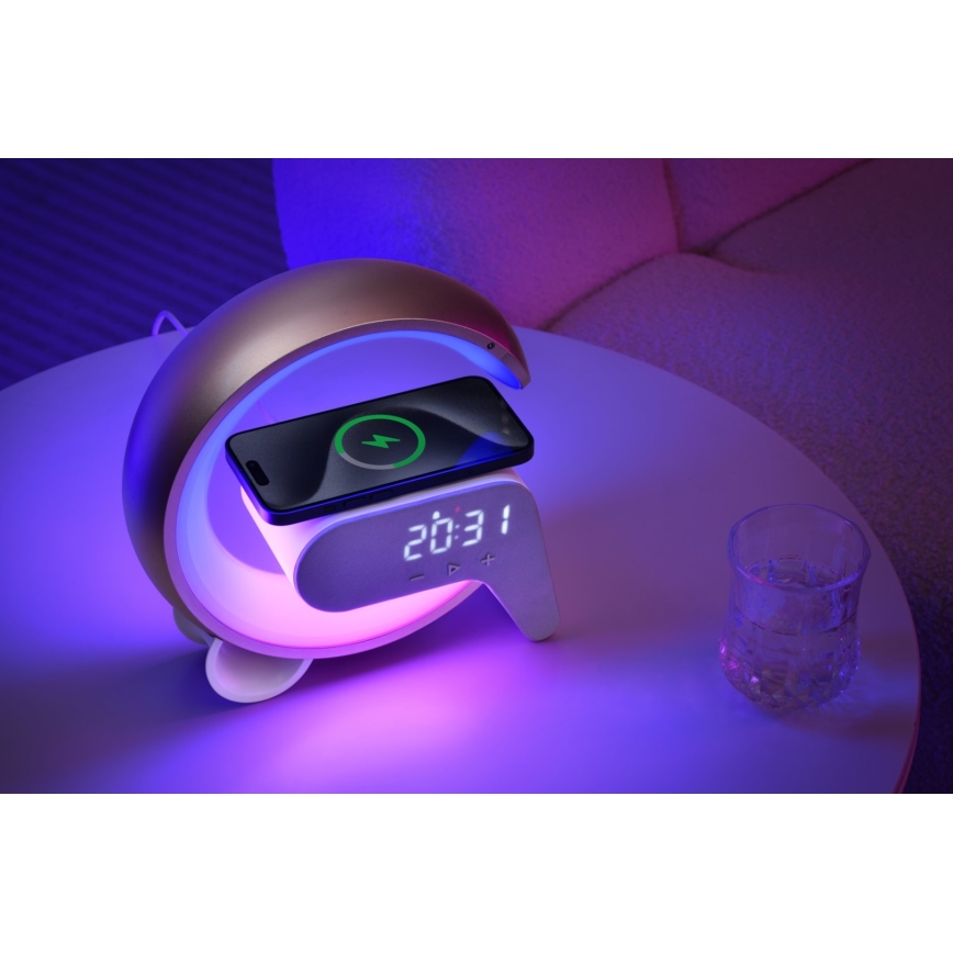 LED RGB Prigušiva stona lampa sa budilicom i Qi punjenjem 30W/230V zlatna