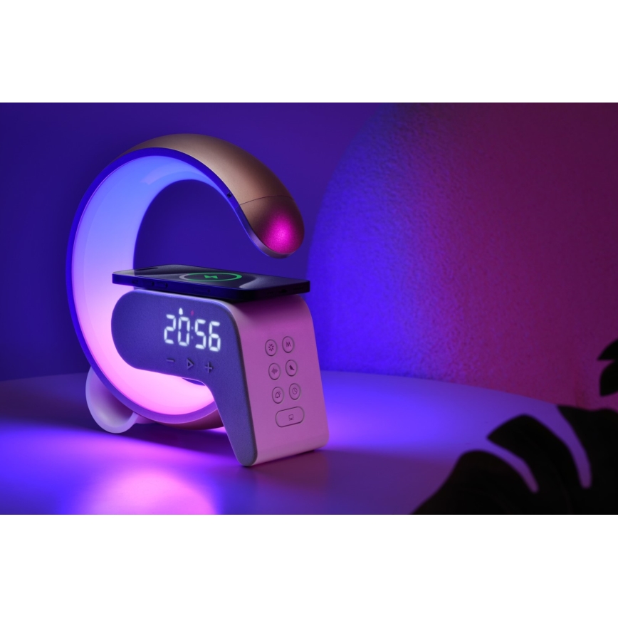 LED RGB Prigušiva stona lampa sa budilicom i Qi punjenjem 30W/230V zlatna
