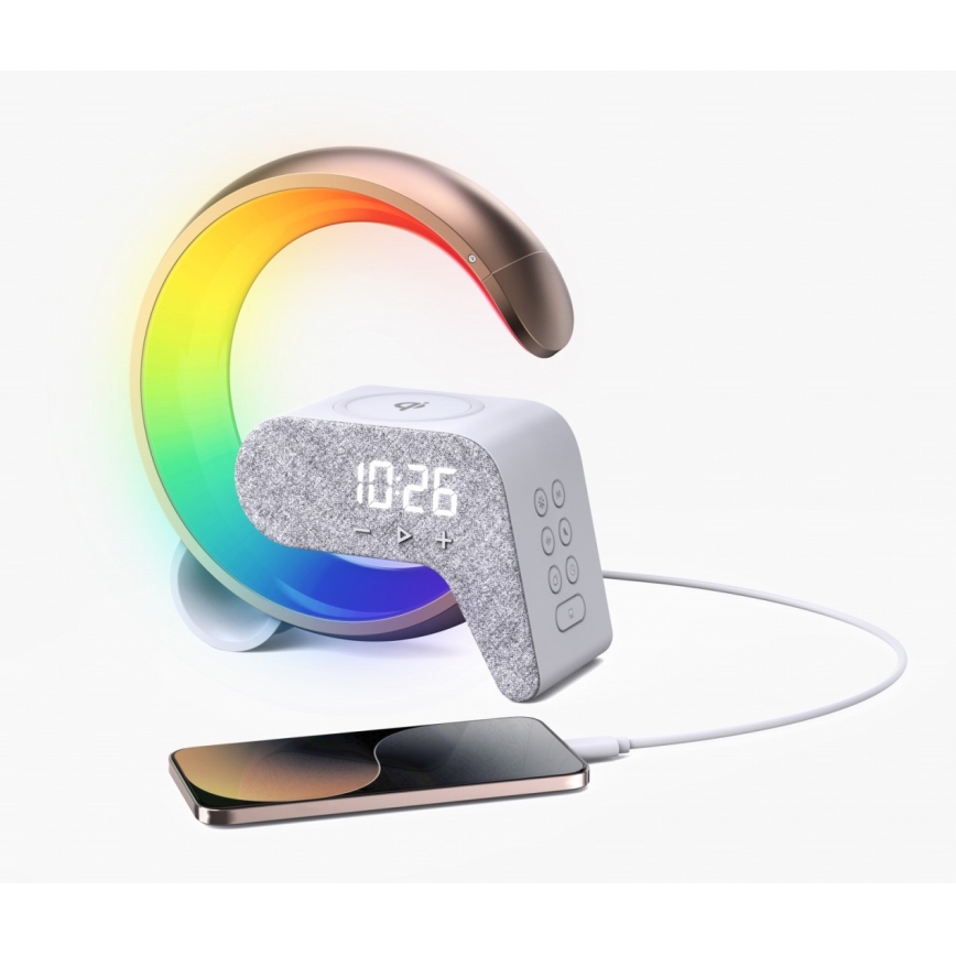 LED RGB Prigušiva stona lampa sa budilicom i Qi punjenjem 30W/230V zlatna