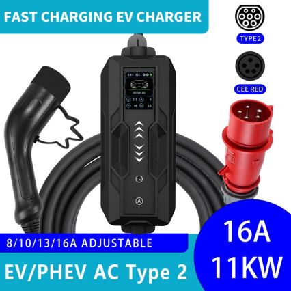 Immax – prenosiva putna punionica za električne automobile EV, AC tip 2, 16 A/380 V, 11 kW + utikač 230 V (3,7 kW), 5 m kabel + futrola