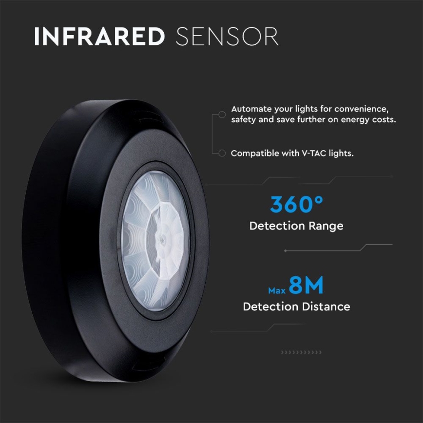 Infracrveni senzor pokreta 360° 200W/230V crno