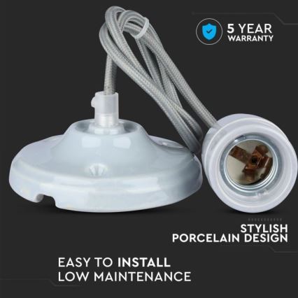 Kabl za napajanje 1xE27/60W/230V sivo/porcelan