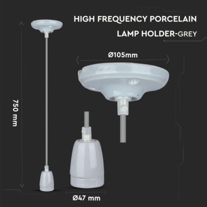 Kabl za napajanje 1xE27/60W/230V sivo/porcelan