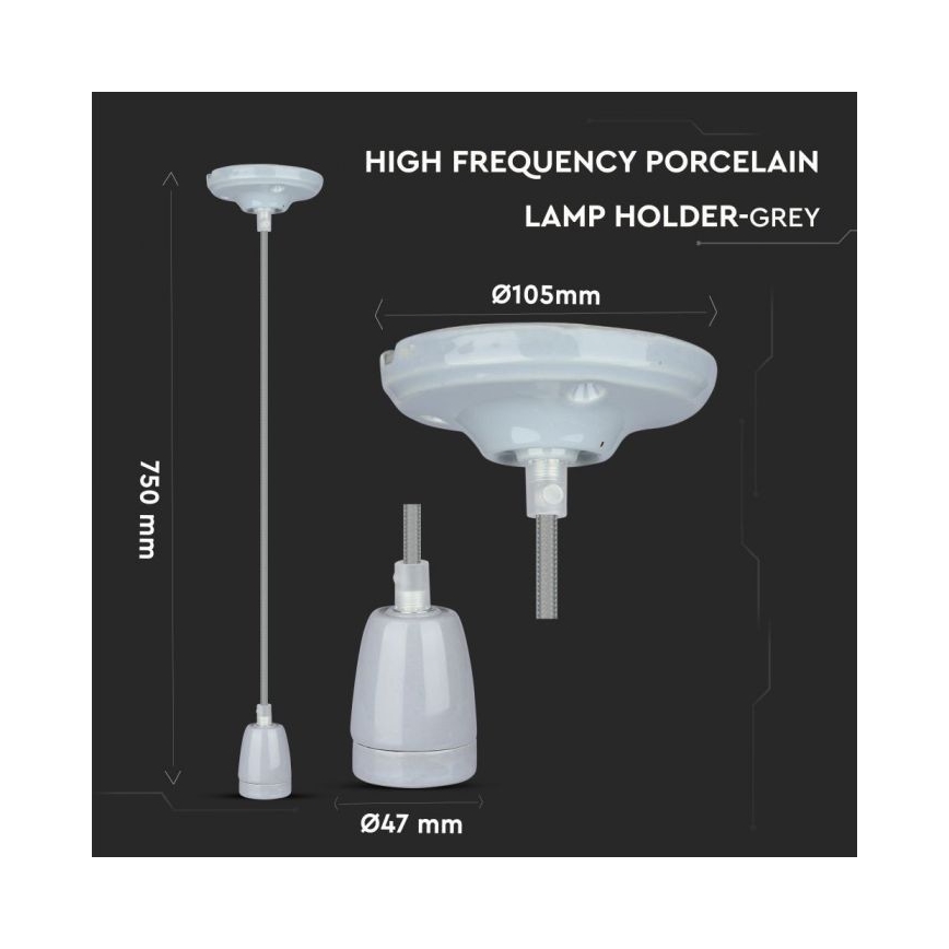 Kabl za napajanje 1xE27/60W/230V sivo/porcelan
