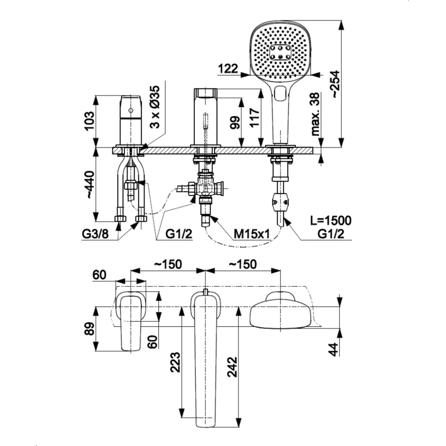 KFA Armatura 4525-210-61 - Baterija za kadu sa tri otvora MALAGA metalno siva