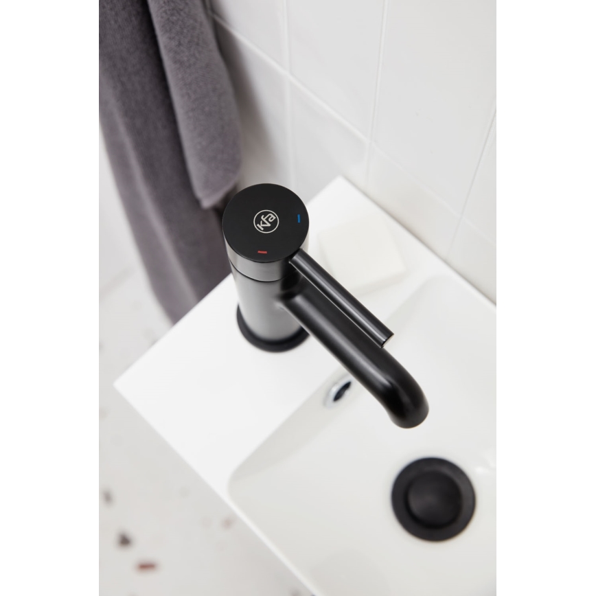 KFA Armatura 5032-815-81 - Slavina za lavabo + gornji deo sifona sa prelivom MOZA 15,2 cm matirana crno