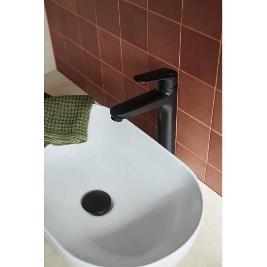 KFA Armatura 5552-712-81 - Slavina za lavabo + gornji deo sifona sa prelivom OTAVA 30,2 cm matirana crno