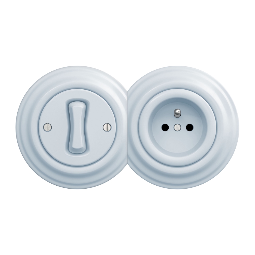 Kliklap - Retro jednopolni prekidač br. 1 i utičnica 230V sa okvirom u plavoj boji