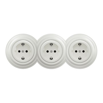 Kliklap - Trojna retro kućna utičnica sa okvirom SCHUKO 230V, bela