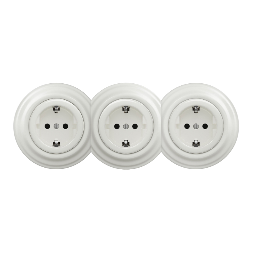 Kliklap - Trojna retro kućna utičnica sa okvirom SCHUKO 230V, bela