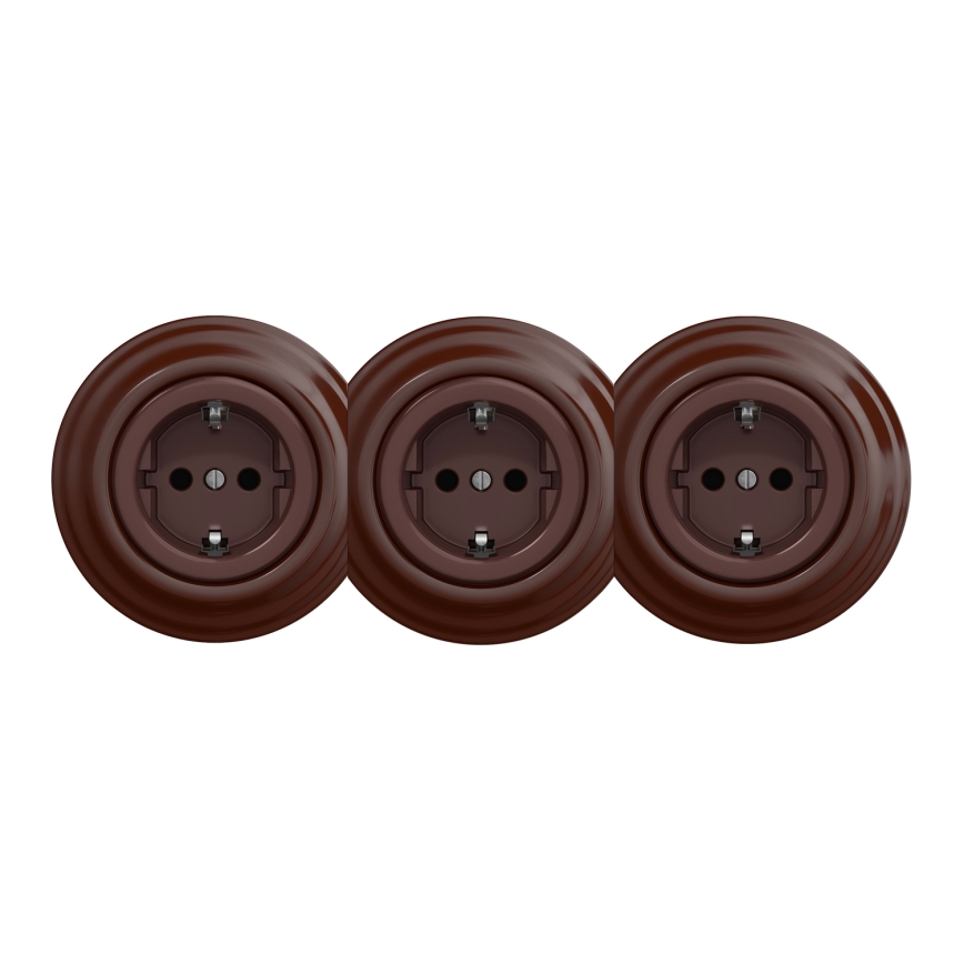 Kliklap - Trojna retro kućna utičnica sa ramom SCHUKO 230V, braon