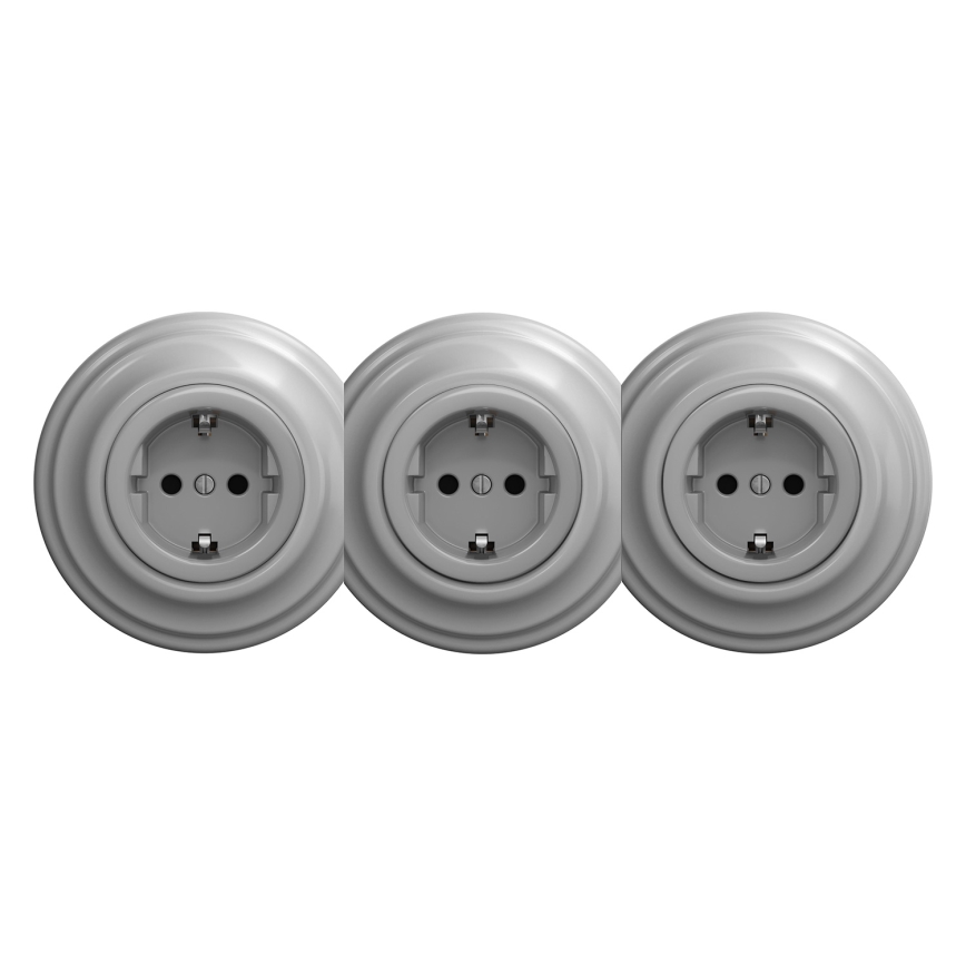 Kliklap - Trojna retro kućna utičnica sa ramom SCHUKO 230V siva
