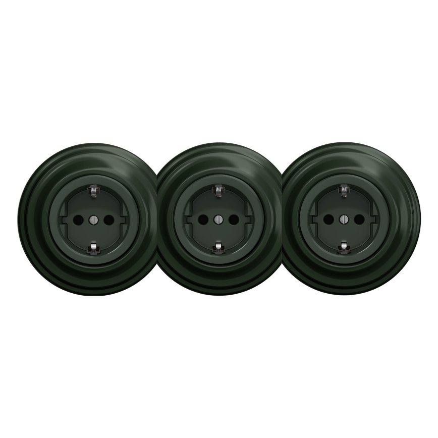 Kliklap - Trostruka retro kućna utičnica sa ramom SCHUKO 230V, zelena