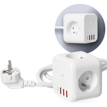 Kockasti produžni kabl sa prekidačem LINEA 3x230V + 4xUSB A/C, beo