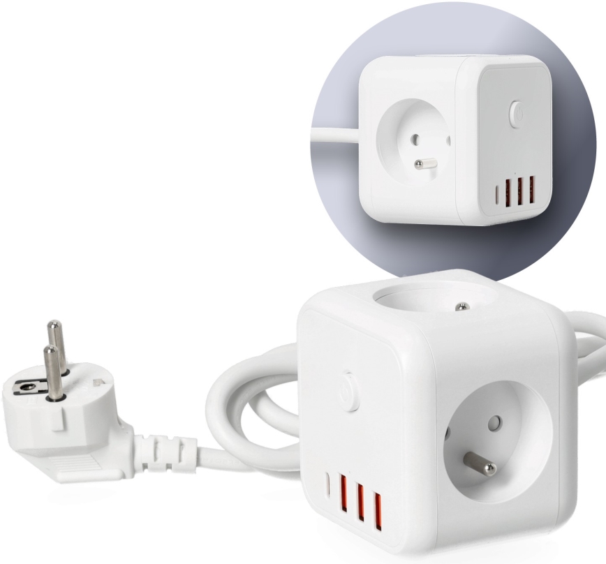 Kockasti produžni kabl sa prekidačem LINEA 3x230V + 4xUSB A/C, beo