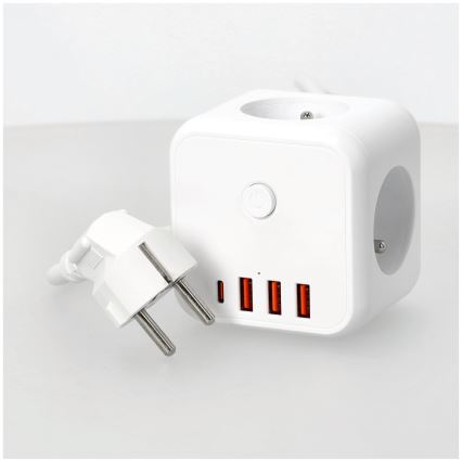 Kockasti produžni kabl sa prekidačem LINEA 3x230V + 4xUSB A/C, beo