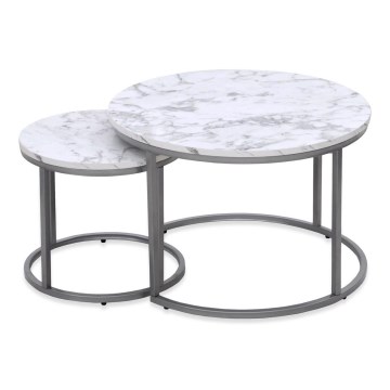 Komplet 2 kom konferencijskih stočića PAOLA, prečnik 38/60 cm, siva/mramorni dekor