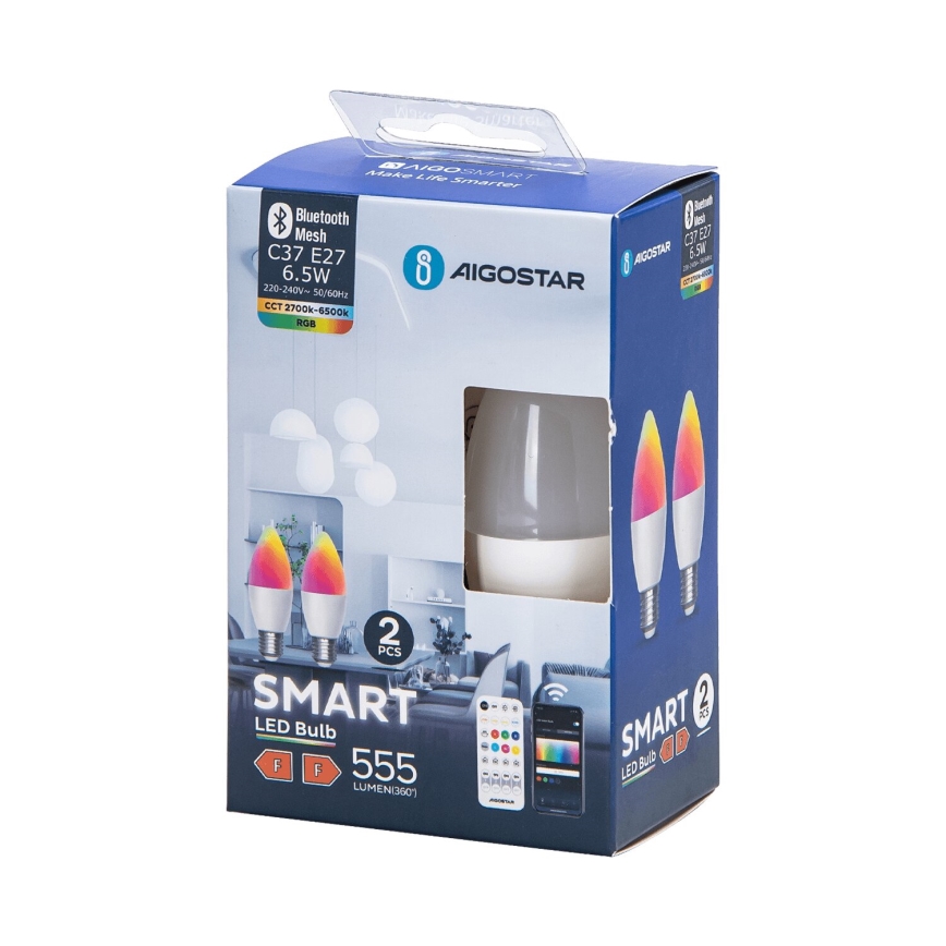 KOMPLET 2x LED RGBW prigušiva sijalica MESH Smart C37 E27/6,5W/230V 2700-6500K + daljinski upravljač - Aigostar