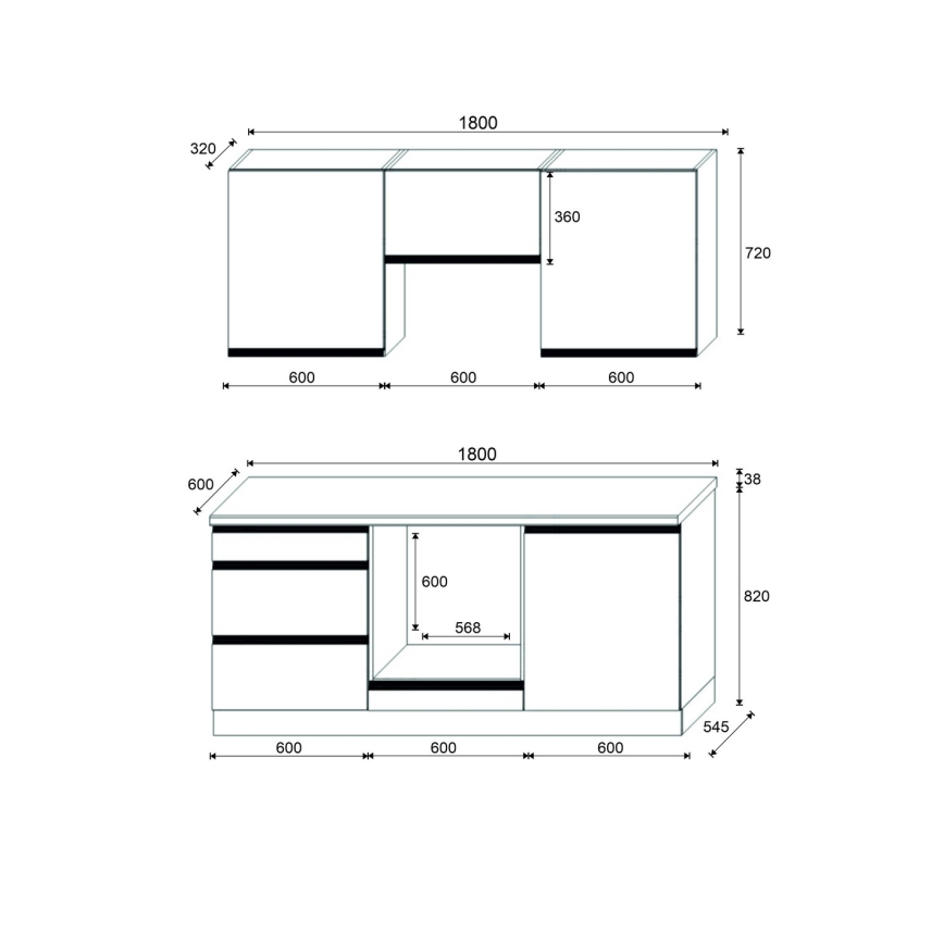 Kuhinjski blok MARINA 180 cm hrast craft/sjajna crna